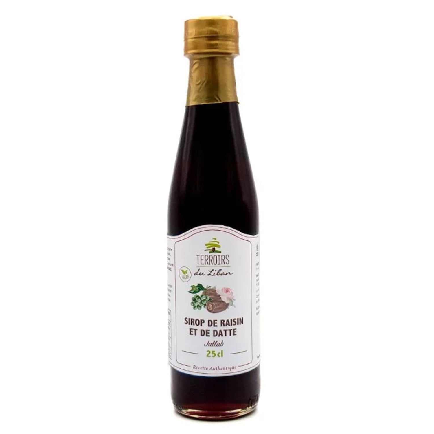 "Eine Flasche Terroirs du Liban Dattelsirup, 25cl, mit goldenem Verschluss und weißem Etikett.\t"